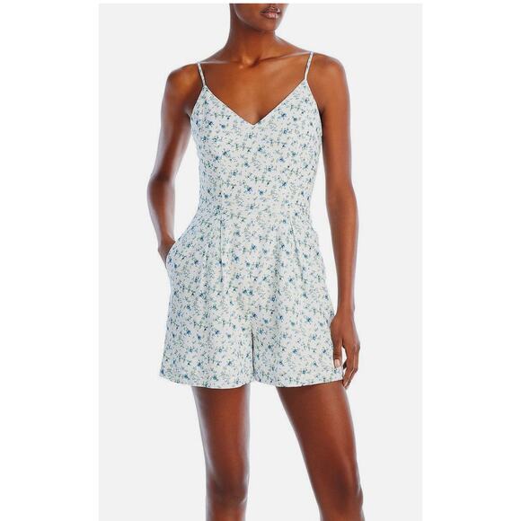 Aqua Womens Linen Blend Sleeveless Floral Print V Neck Romper SIze XL White Blue - Picture 1 of 11